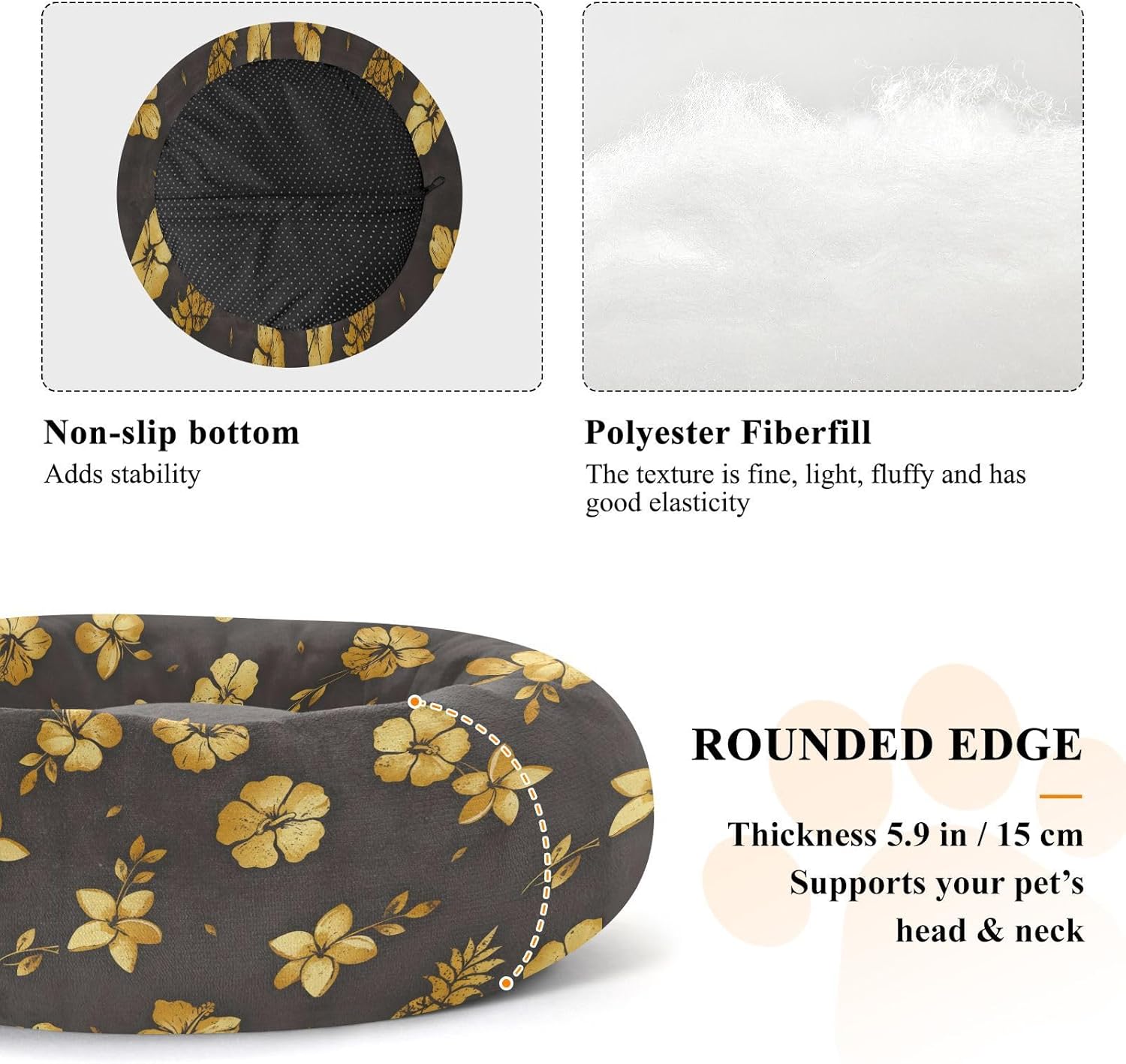 Pet Dog Beds Warm & Soft Fluffy Dog Pillow Bed for Medium Size Pets Sleeping M Golden Flowers and Pineapple Pattern