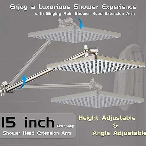 Miniatura 4 de Cabezal de ducha de lluvia de 8 pulgadas con brazo de extensión de 15 pulgadas a juego (níquel cepillado), cabezal de ducha cuadrado fijo de