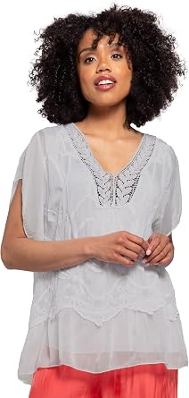 M Womens Embroidered Short Flare-Sleeve V-Neck Blouse, Silver, Medium