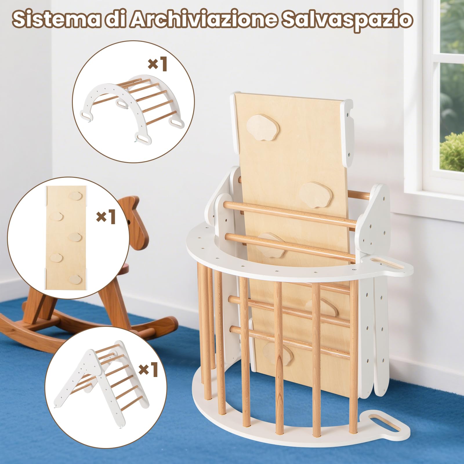 RELAX4LIFE 4 in 1 Triangolo da Arrampicata con Scivolo per Bambini, Arco da Arrampicata e Scala per Arrampicarsi in Legno, Montessori Giocattoli Bimbi 2 3 4 5 Anni