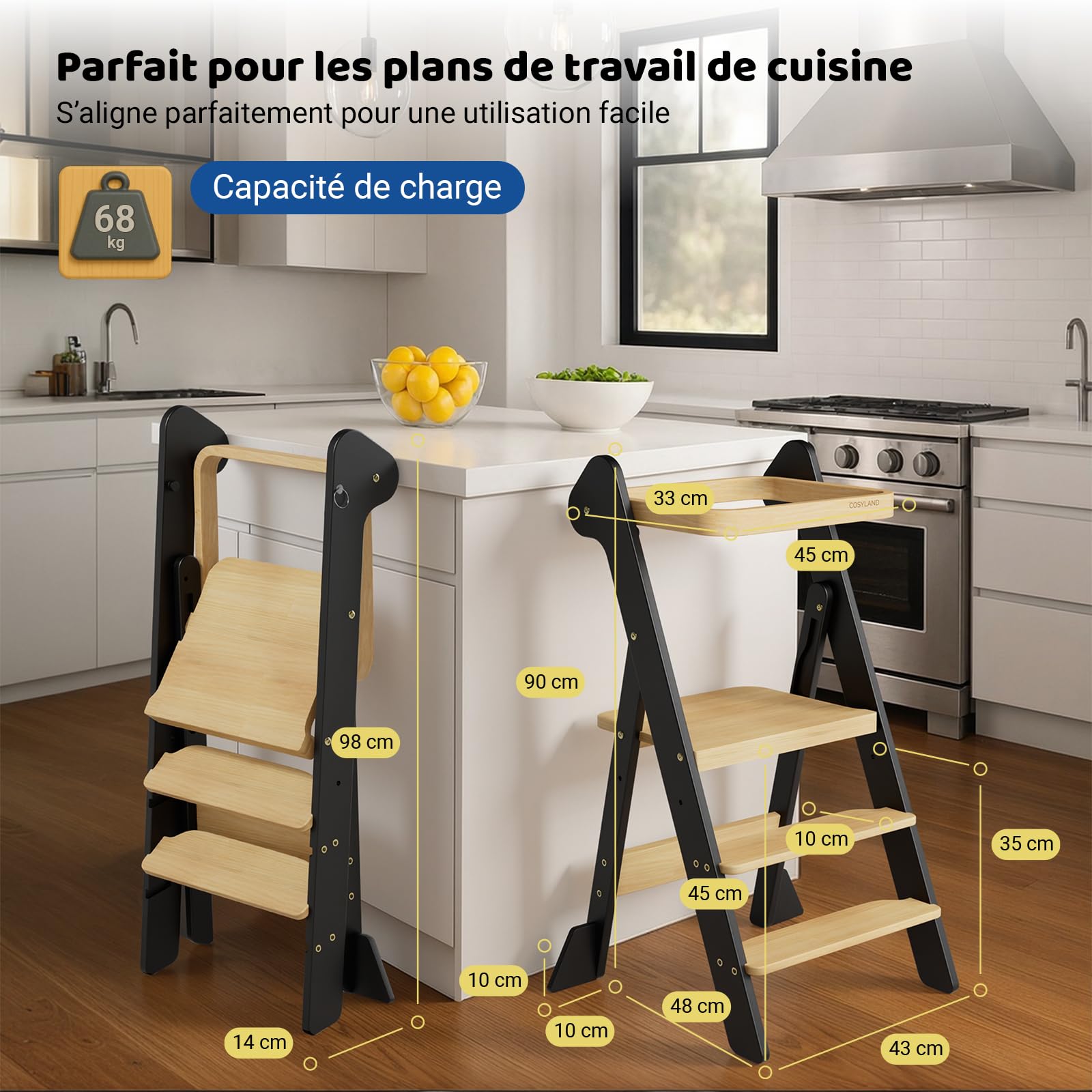 COSYLAND Tour d’Observation Montessori Enfant Pliable – If Design Award, Tour d’Apprentissage en Bois Réglable en Hauteur dès 1 an avec Filet de Sécurité, Kitchen Helper Bébé – Noir & Naturel