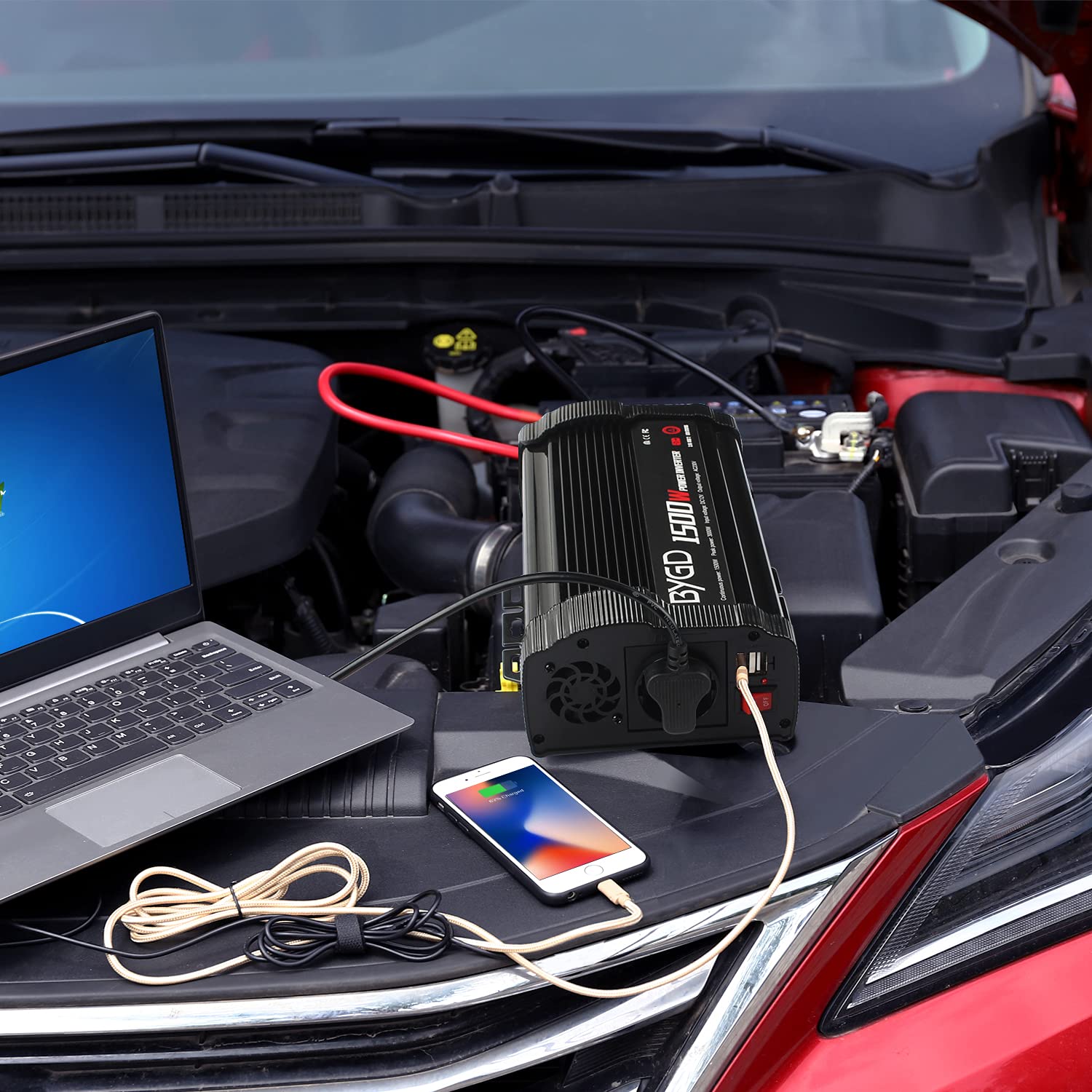 BYGD Inversor de Coche 1500W(Pico 3000W) 12V DC a 220V 230V AC convertidor con Adaptador de Cargador de Coche rápido USB Dual 3.1A para camión, de Camping, de Emergencia