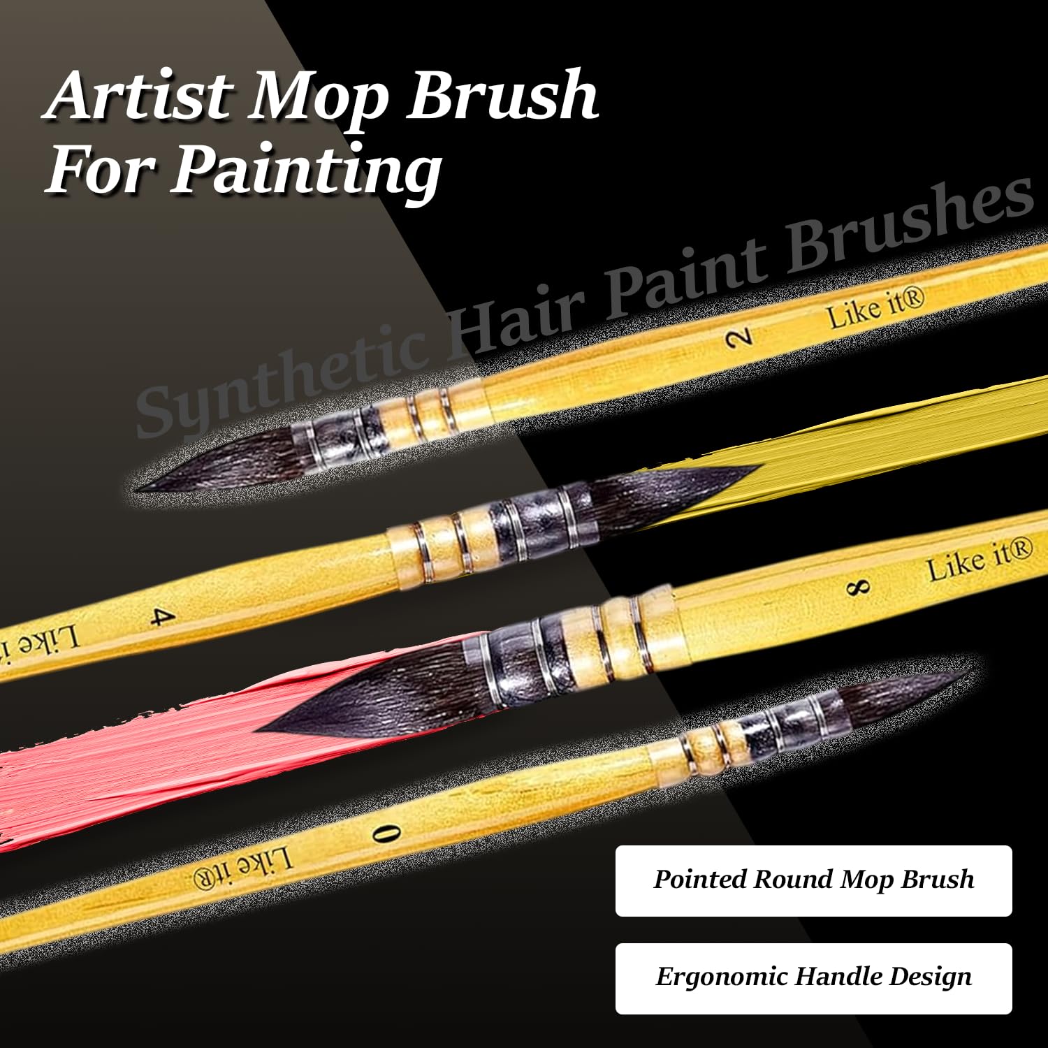 Like It Artist Mop Brush Set of 4–Synthetic Hair Pointed Round Mop Paint Brushes for Watercolor, Acrylic & Gouache–Professional Art Painting Brushes for Artists,Beginners & Hobbyists with BrushHolder