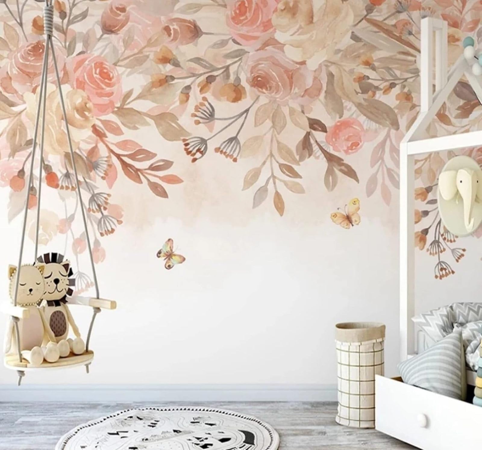 Hand Drawn Cosy Pink Flowers Butterflies 3D Wallpaper Easy Install Feature Office Living Room Sofa Bedroom TV Background Wall Decoration-200cm×140cm