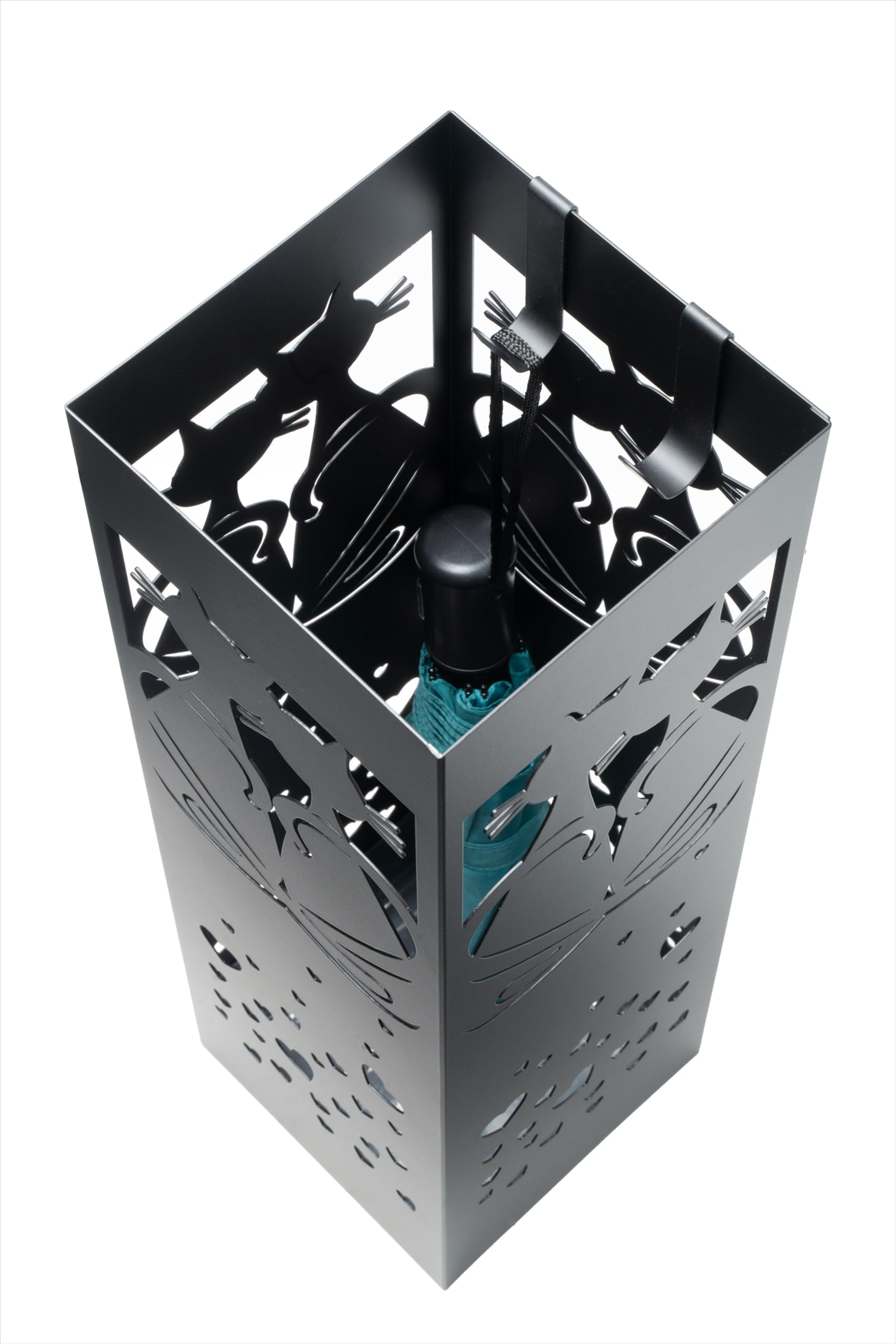 Schirmständer mit modernem Design aus Metall für Heim und Büro, Katzen Design, 2 Haken, 2X Wasserauffangschale herausnehmbar, 15,5x15,5x49cm, schwarz, quadratisch, Regenschirmständer, SC5001