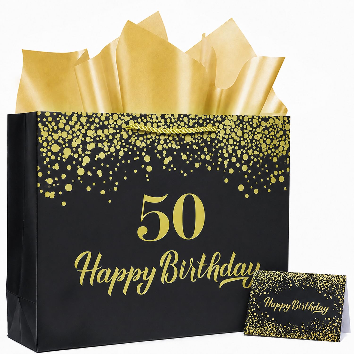Black 13.3' Large 50th Birthday Gift Bag with Tissue Paper and Greeting Card for Men Women's Birthday Supplies (Black 50th)