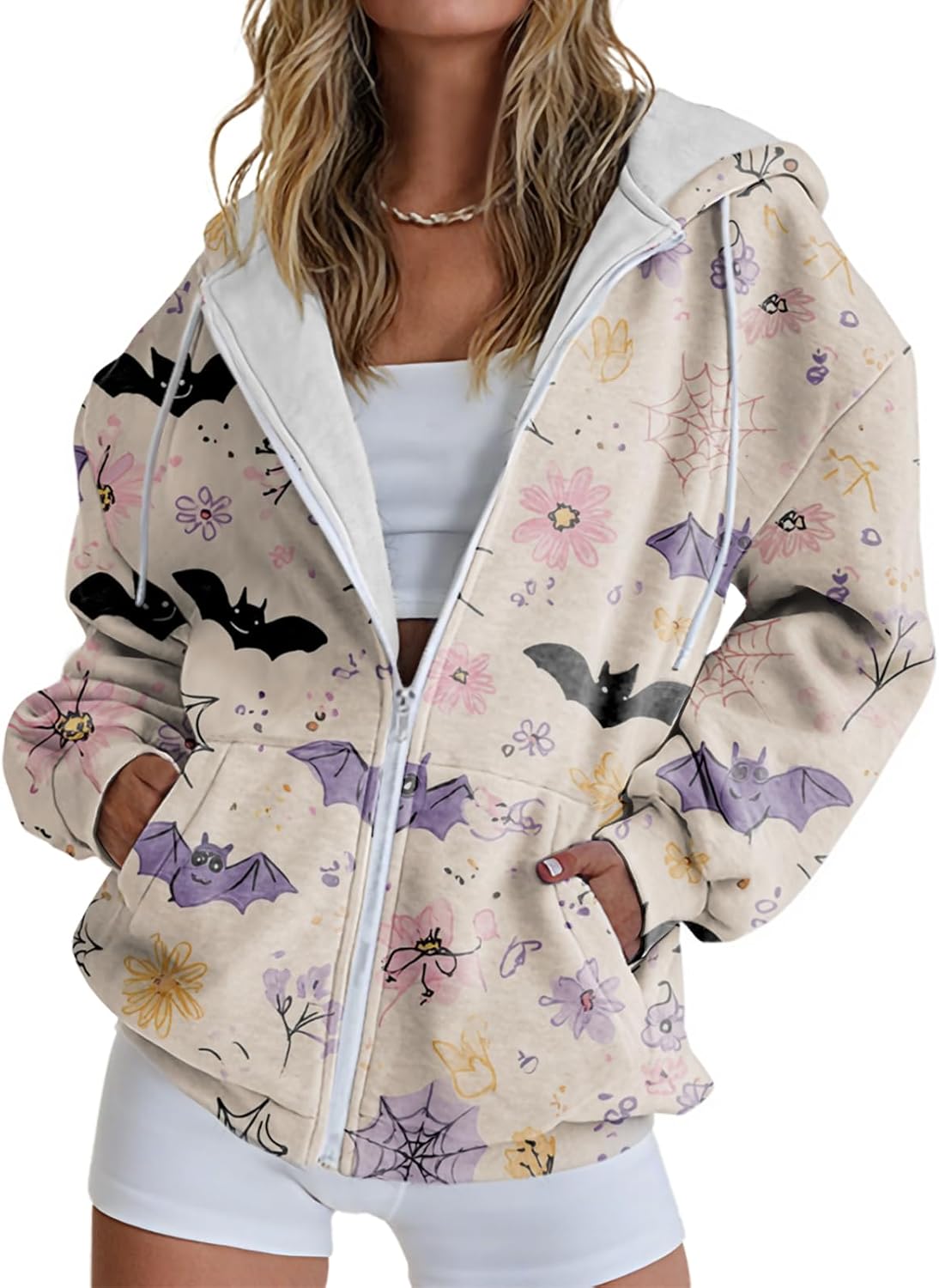 Zip Up Hoodies for Women Novelty Floral Print Drawstring Hooded Sweatshirts Oversized Outfits with Pocket
