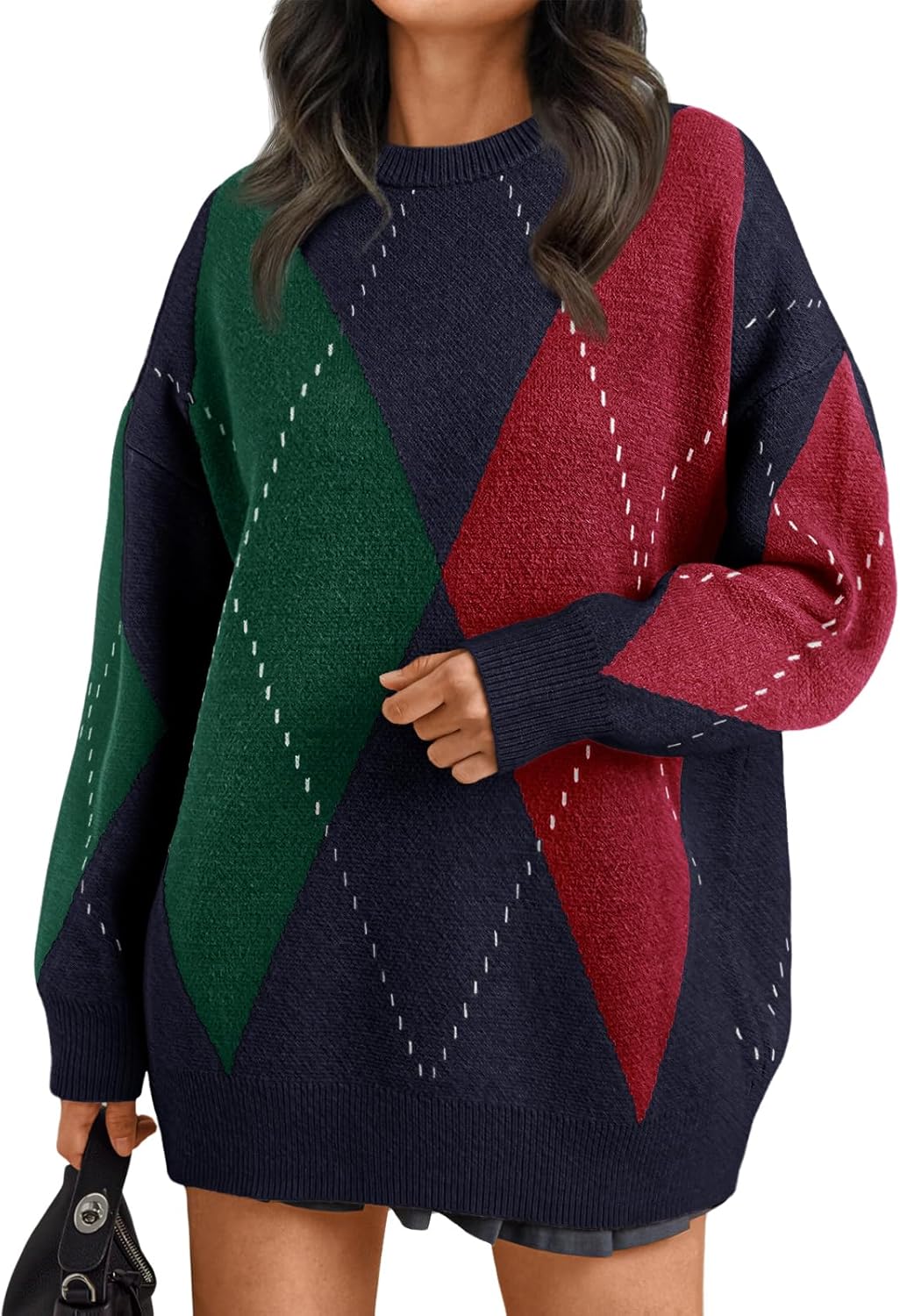 Trendy Queen Women's Color Block Argyle Plaid Oversized Chunky Knit Crewneck Sweaters 2025