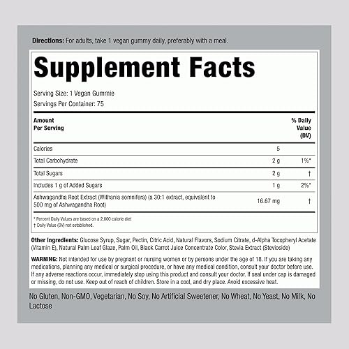 Miniatura 2 de Piping Rock Ashwagandha - Suplemento de gomitas  75 unidades  para mujeres y hombres  Sabor tropical  Fórmula vegana  Sin OMG, sin gluten