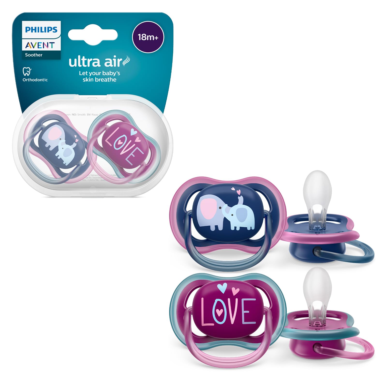 AVENTPhilips Ultra Air Soother - 2 x Light, Breathable Baby Soothers for Babies Aged 18 Months Plus, BPA-Free with Steriliser Carry Case (Model SCF349/22)