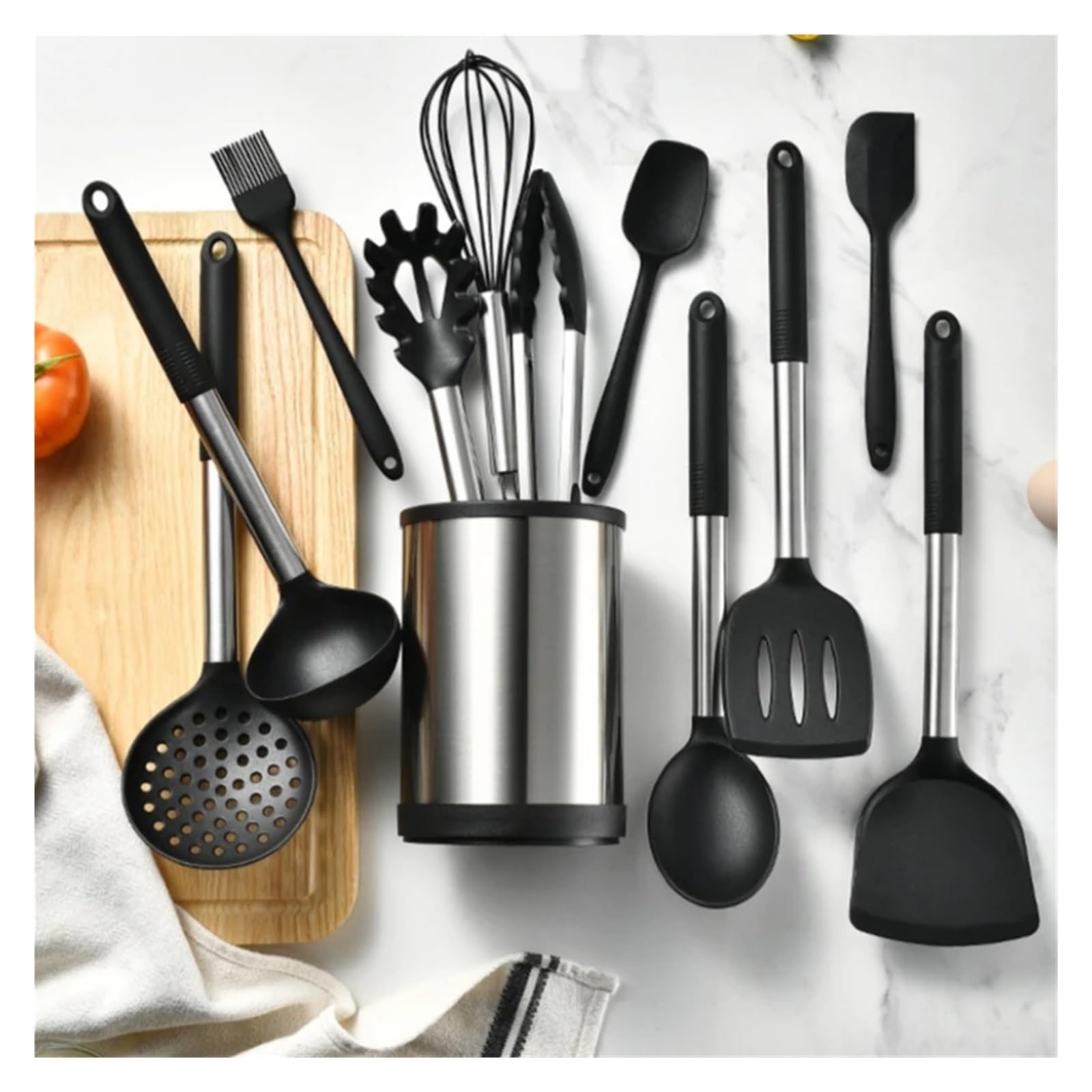 Silikon Küchenhelfer Set 12PCS 360 Grad rotierende Basis Kochwerkzeug-Sets Backen Küchenutensilien Silikon Schaufel Löffel(Black)