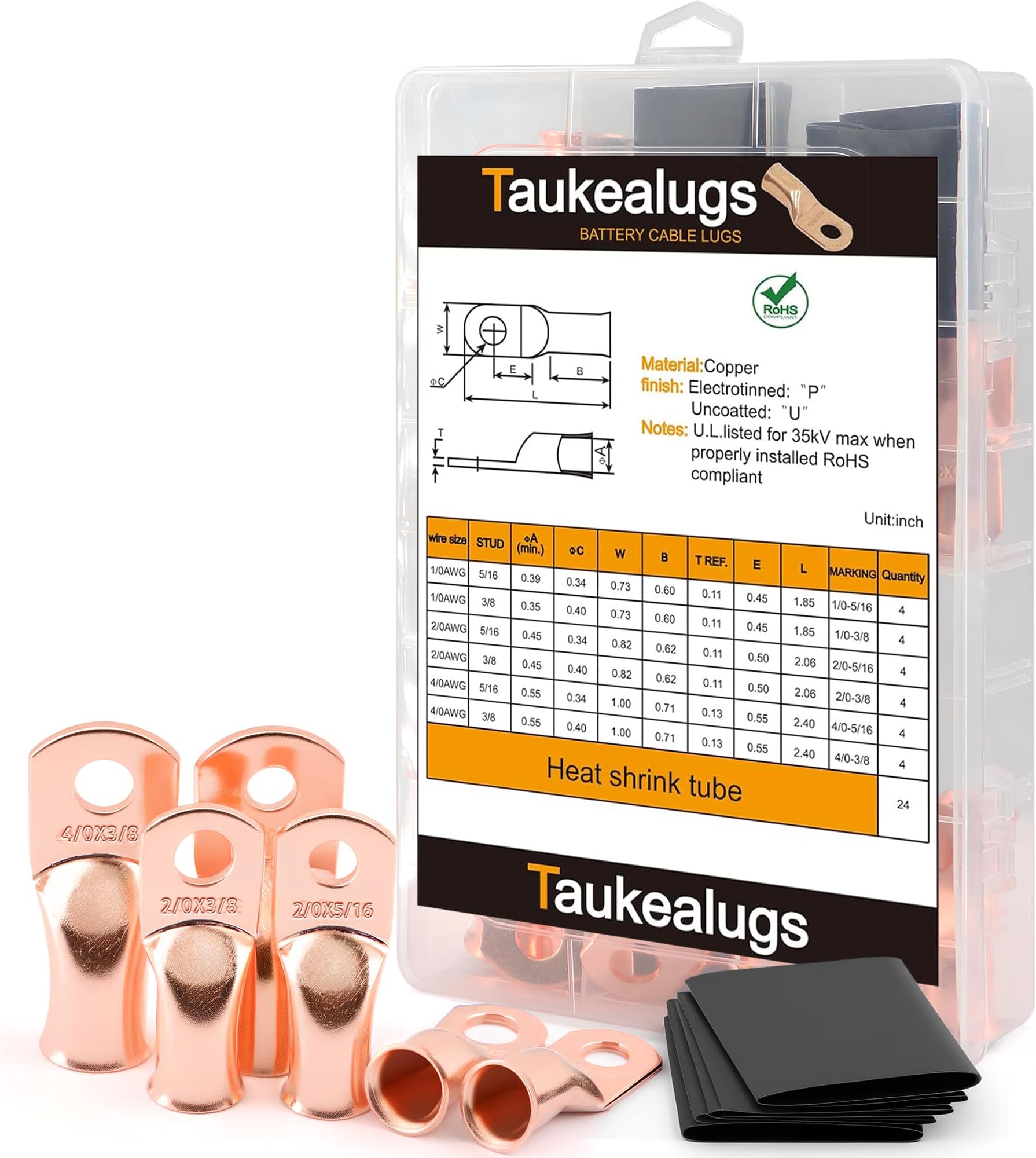 48PCS Battery Cable Copper Wire Lugs Ends 1/0 2/0 4/0 Gauge 5/16 3/8, Crimp Ring Terminal Connectors with Heat Shrink Tubing Assortment Kit