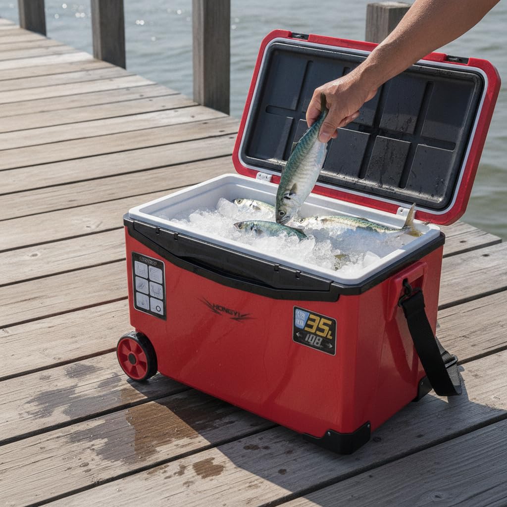 Frigo Portatile con Ruote per Pesca, Ghiacciaia Rigida 31-40L, Frigorifero Termico, Bianco