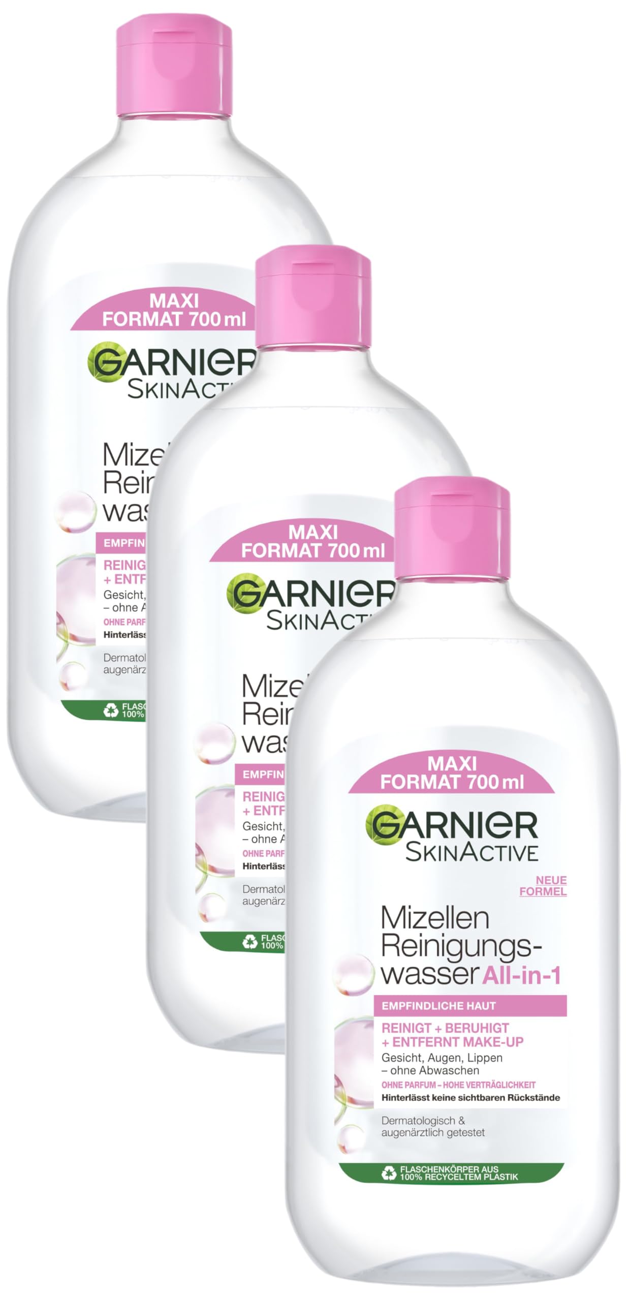 Garnier Mizellen Reinigungswasser, Für eine sanfte Reinigung und schonendes Abschminken, Beruhigendes und feuchtigkeitsspendendes Gesichtswasser, SkinActive, 1 x 700 ml (Packung mit 3)