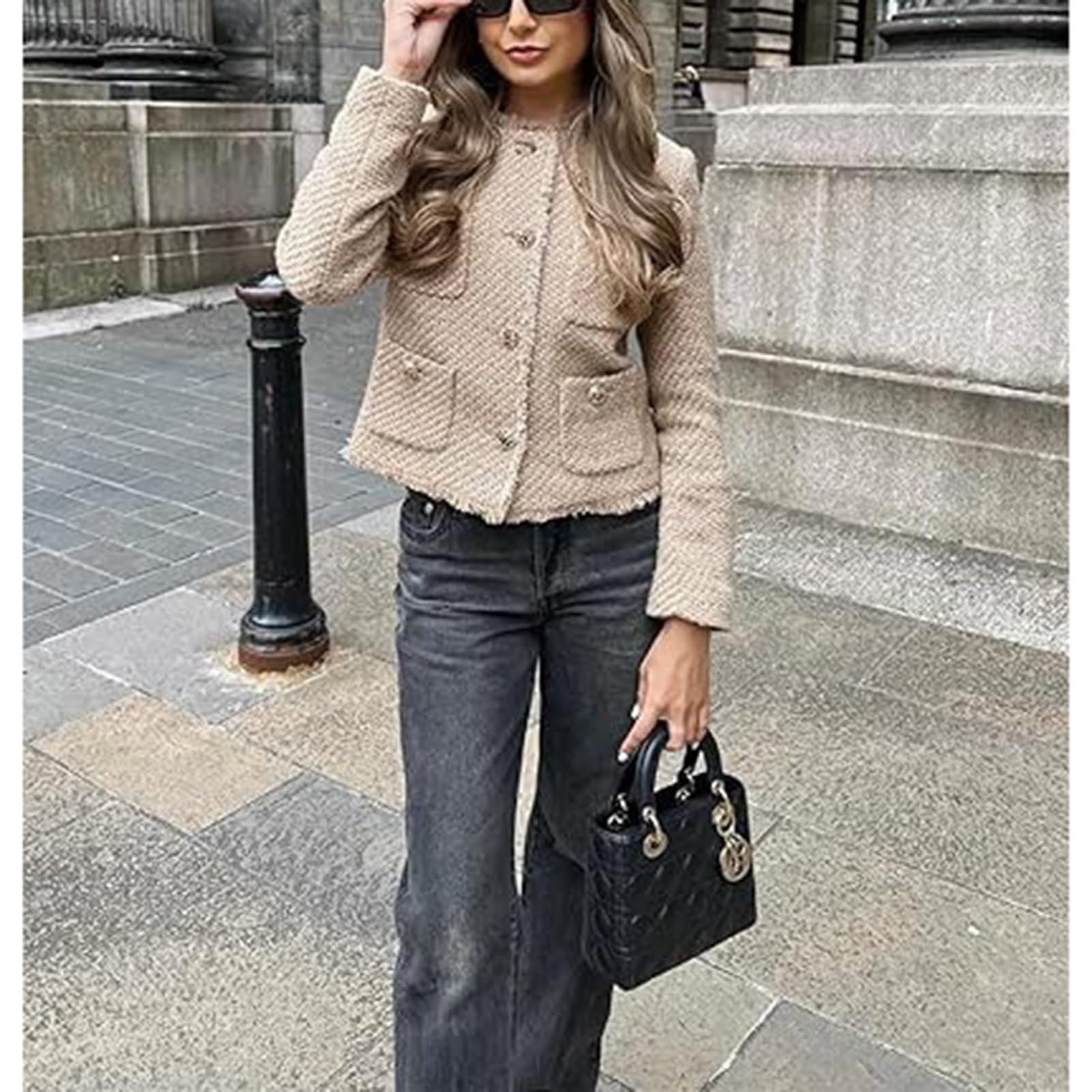 Giacca da Donna in Tweed con Tasca, Scollo Rotondo Manica Lunga Bottoni Sfilacciata Corta Cappotti da Donna Stile High Street