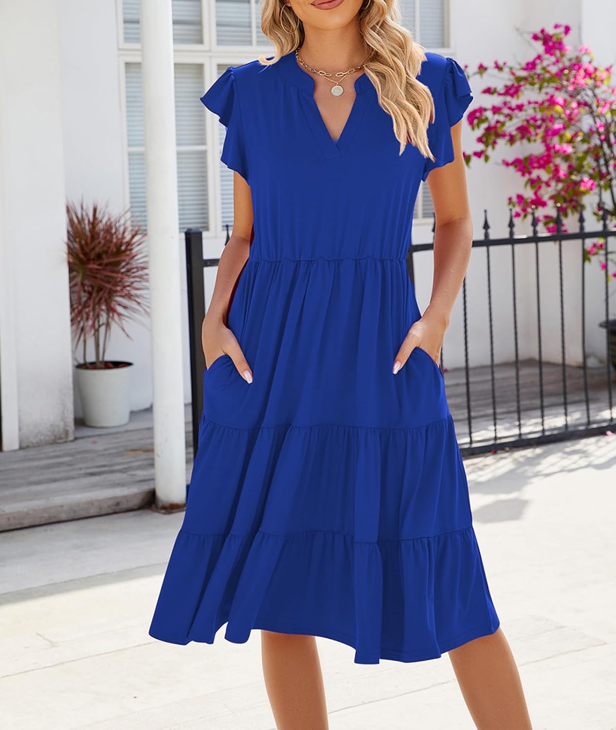 Womens Casual Dress Ruffle Sleeve V Neck Midi Dresses Fit Flowy Tiered Boho Beach Vacation Sundress - Image 3