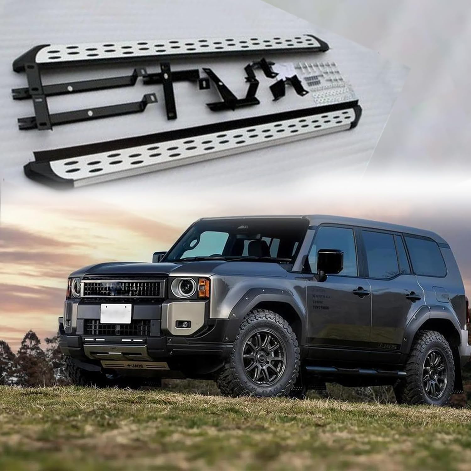 2Pcs Fits for Land Cruiser Prado J250 LC250 Running Boards Silvery Side Steps Pedals Nerf Bar Black Lines Decoration Style Comtemportary