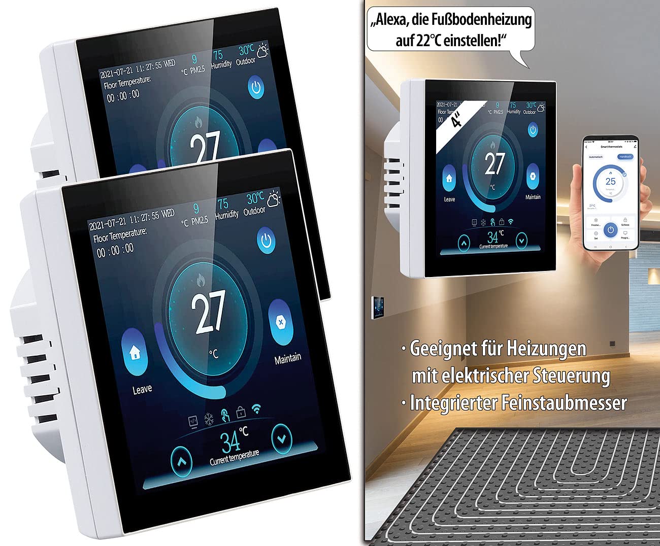 revolt Thermostat Fußboden: 2er-Set WLAN-Thermostate für Fußbodenheizungen, Touchdisplay (Infrarotheizung WLAN, Wandthermostat Heizung, Handy)