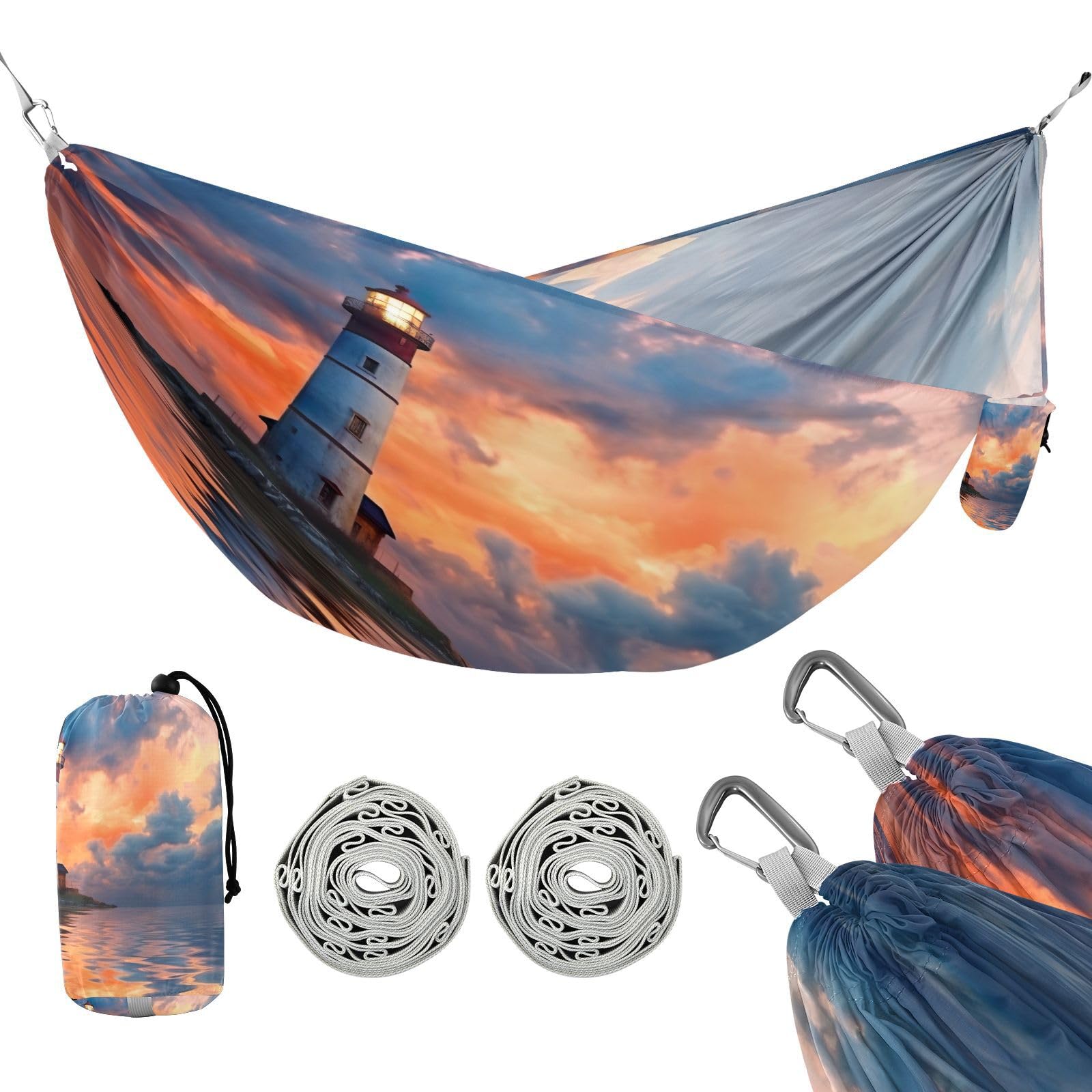 SDMKA Lighthouse Pattern Camping Hammock, 330 lbs with 2 Tree Straps, Carry Bag, Single Portable Hammock for Outdoor/Indoor, Hiking, Beach, Backpacking, Travel