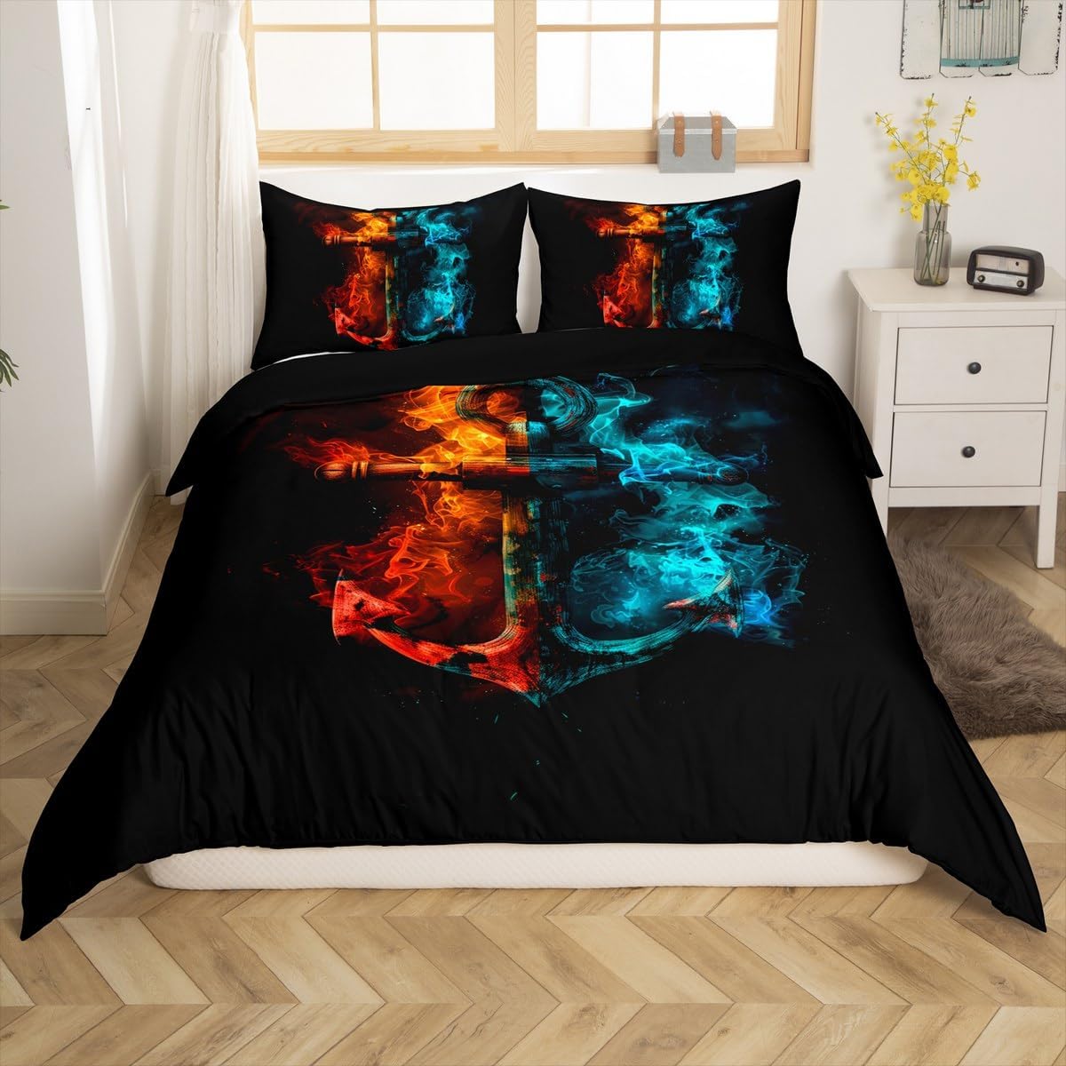 Erosebridal Anchor Nautical Comforter Cover Toddler Red Blue Retro Anchor Bedding Set for Kids Teen Adults Room Decor 2 Pcs,Ocean Theme Sea Adventure Duvet Cover Black Simple Quilt Cover