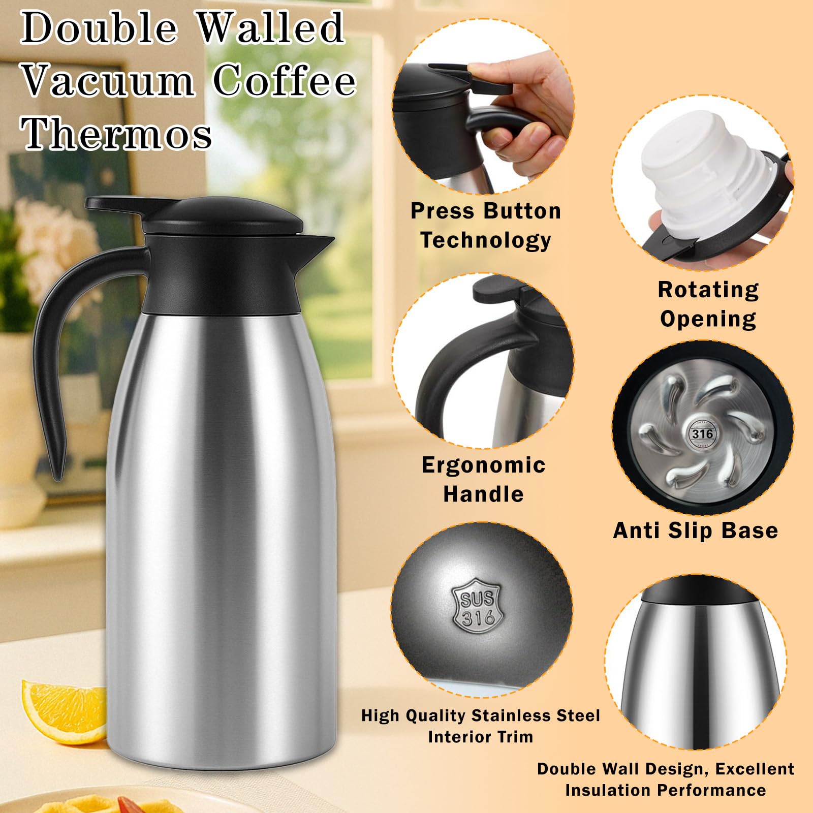 2 jarras térmicas de café de acero inoxidable aisladas de 68 onzas para líquido, dispensador de termo de café aislado de doble pared con cepillos para café y té, mantiene 12 horas calientes 24 horas