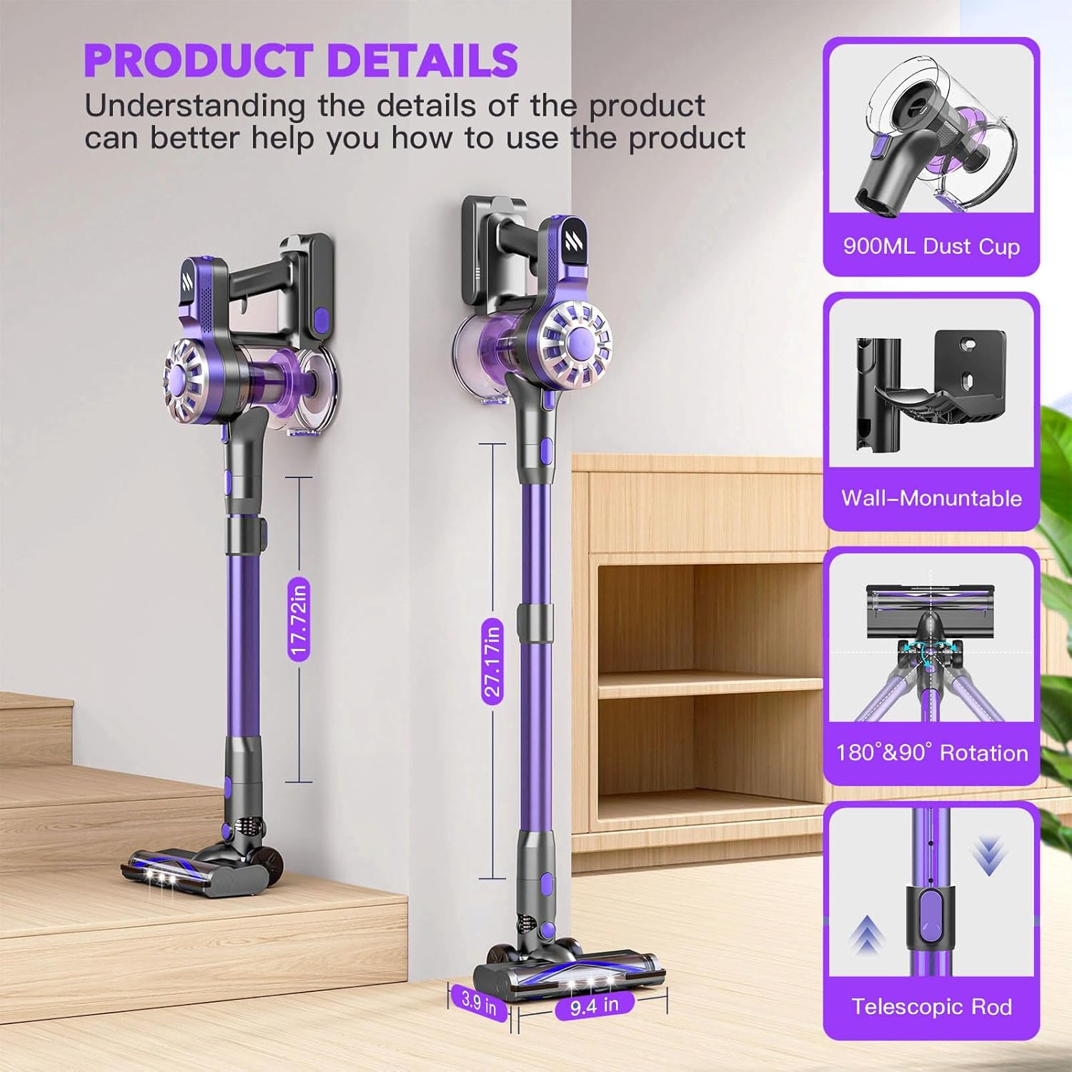 Cordless Vacuum Cleaner for Home,Lightweight Stick Vacuum Cordless Rechargeable with Power Suction, Up to 35 Mins Runtime, Hardwood Floor Vacuum for Pet Hair,Carpets,Tile(Deep Purple) - Image 6