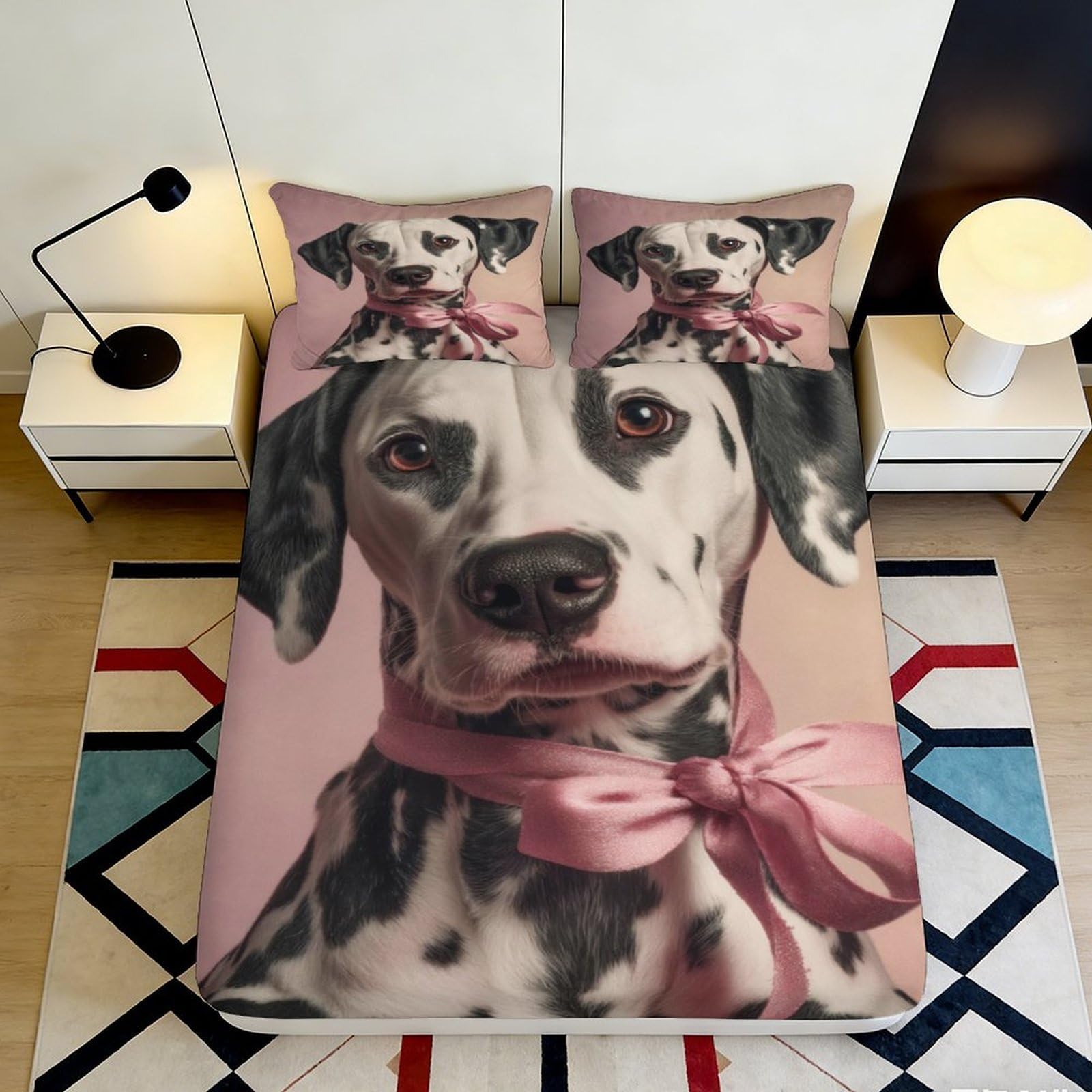 3D Printed Dalmatian Dog Fitted Sheet Microfiber Pink Bow Bed Cover for Bedroom Guest Room Easy Care Decor 90x200x25cm