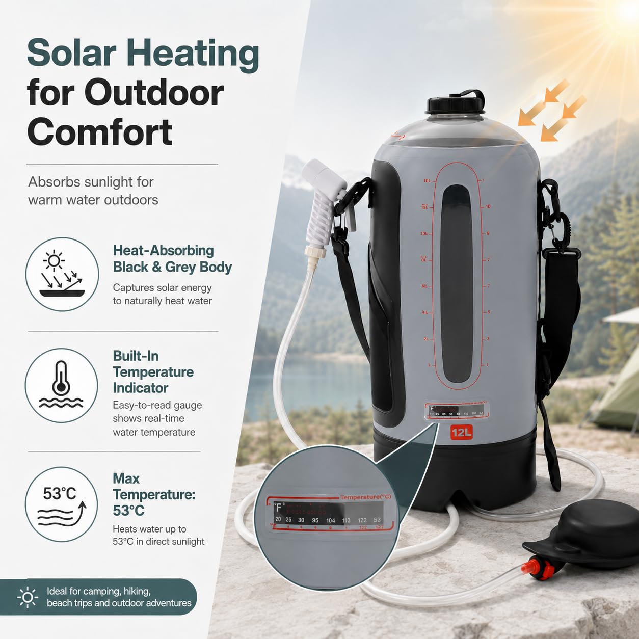 Doccia da campeggio portatile da 12 l, con pompa a pressione, riscaldamento solare e indicatore di temperatura, impermeabile, per campeggio, escursionismo, giardino, con borsa portaoggetti, tracolla e