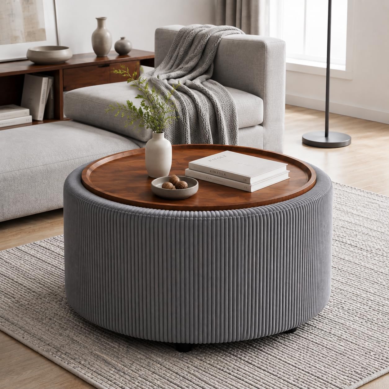 Homebeez 28” Round Storage Ottoman,Ottoman Coffee Table with Tray,Corduroy