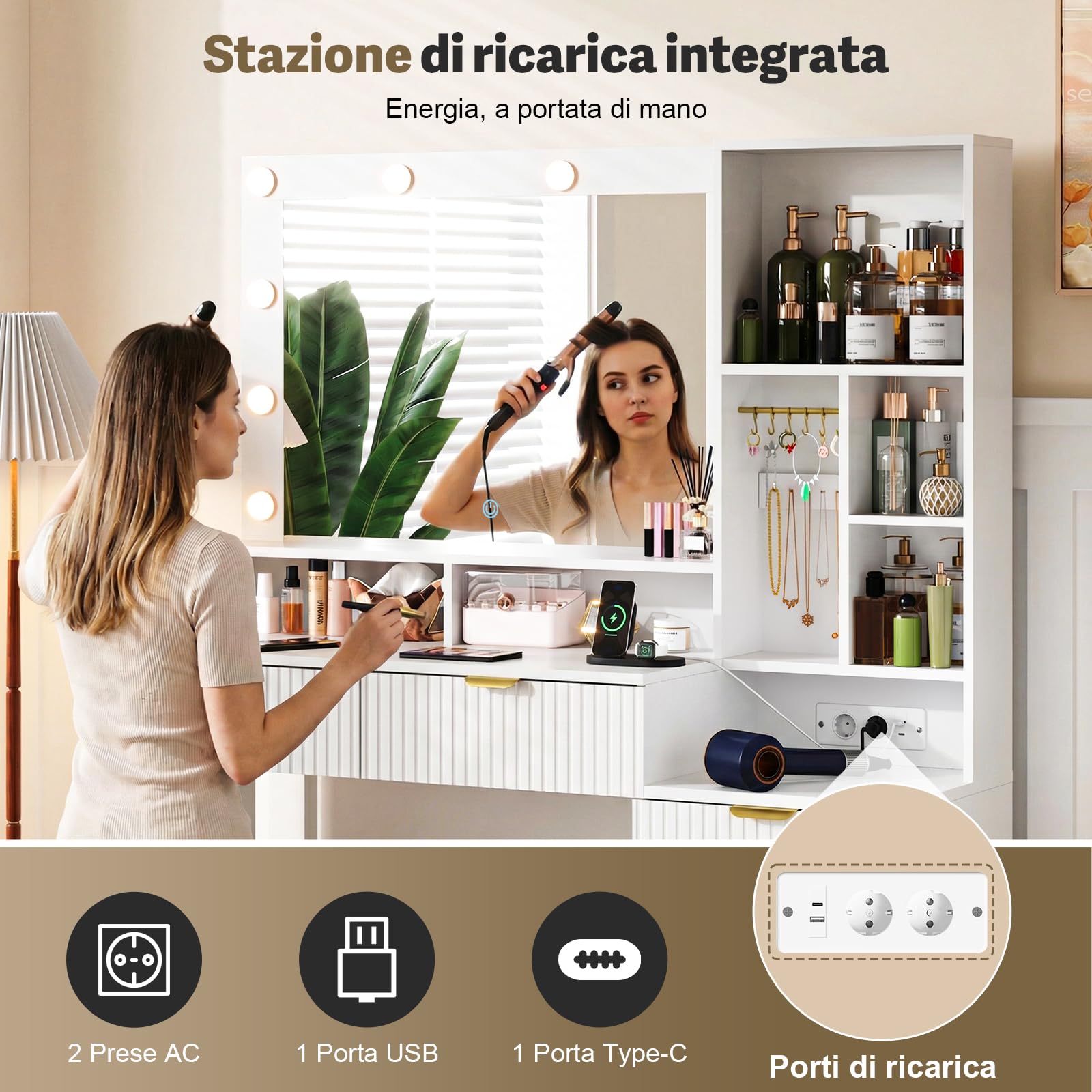 JUMMICO Toeletta Trucco con Specchio e Luci,Tavolo da Toilette con Cassetti, Postazione Trucco con Ripiani Aperti, Ganci per Gioielli e Presa Elettrica per Camera da Letto,Moderno (Bianco) (bianco)