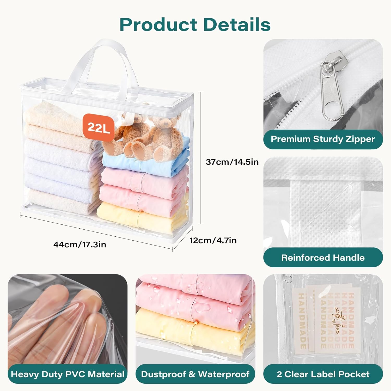 16-Pack 22L Clear Zippered Storage Bags for Clothes | Vacuum Storage Bags for Blankets, Comforters, Bedding & Linens | Closet Organizer Bags with Handles, White