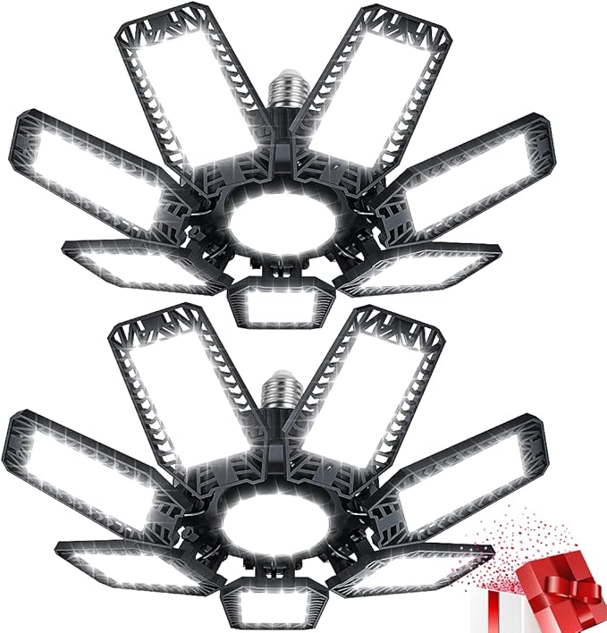 YIQIBRO Lámpara de Garaje 200W 2 Piezas, 20000LM 6500K Lámpara de Techo de Taller con 7+1 paneles Ajustables, Focos LED Interior, Iluminación de Taller Industrial para Garaje,Almacén,Oficina,Sótano en oferta en Amazon