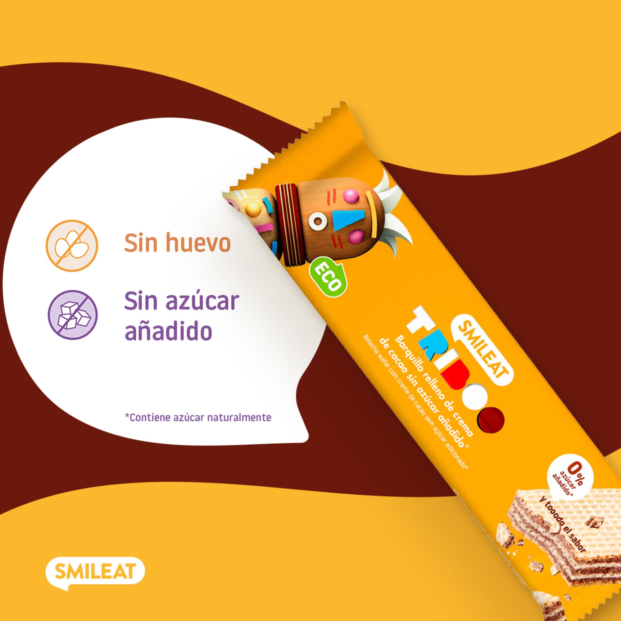 Smileat - Barquillo TRIBOO Relleno de Crema de Cacao - Snack con ingredientes ecológicos - Sin Azúcar Añadido - Merienda Crujiente con alto contenido de fibra