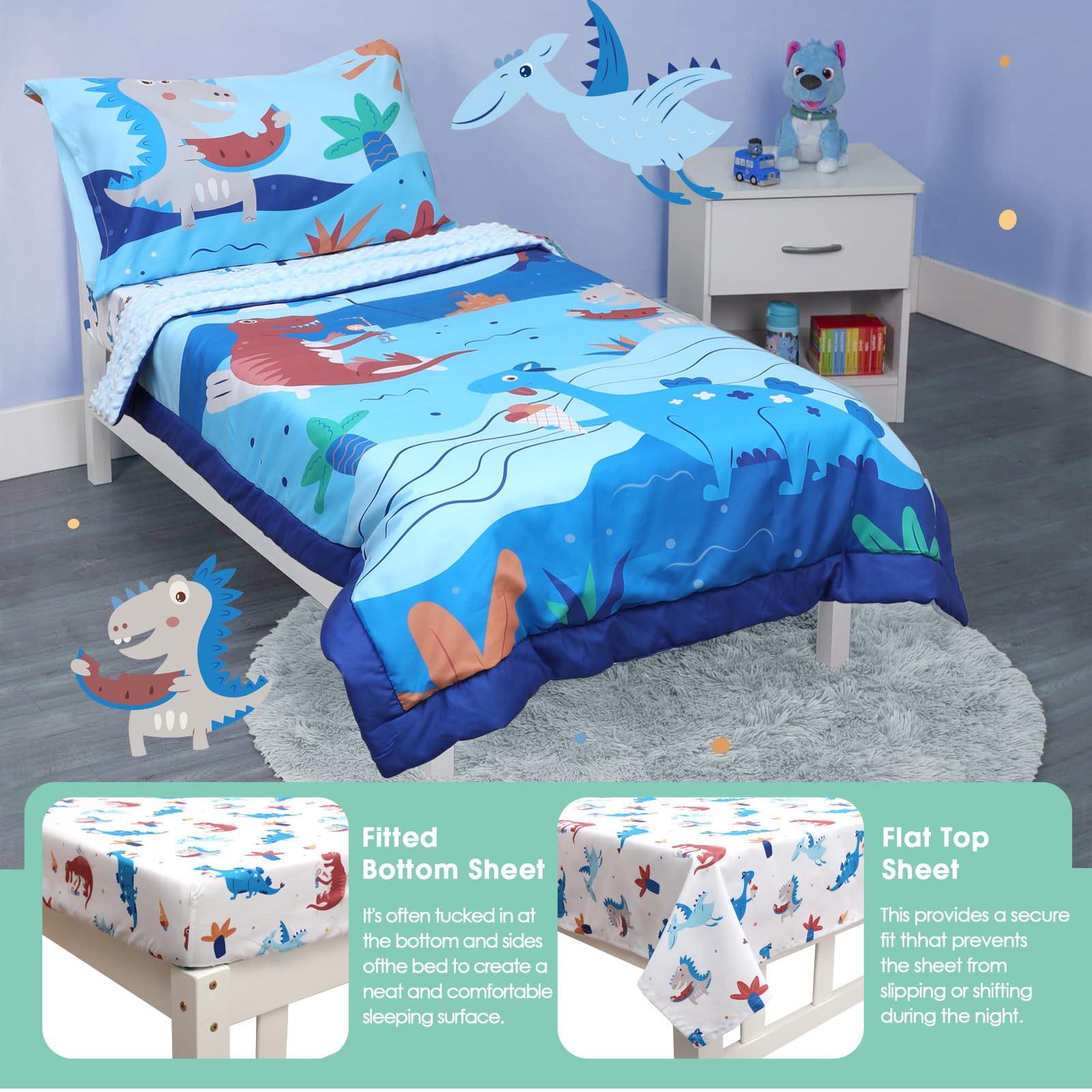 ACRABROS Juego de ropa de cama infantil de 4 piezas para niñas y niños, incluye edredón, sábana bajera, sábana encimera y funda de almohada reversible, juego de cama ultra suave, dinosaurio azul