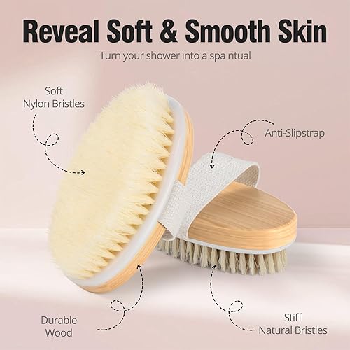 Miniatura 6 de Paquete de 2 cepillos corporales de cepillado en seco, cepillo de ducha de cerdas naturales y suaves para limpieza corporal, cepillo de baño