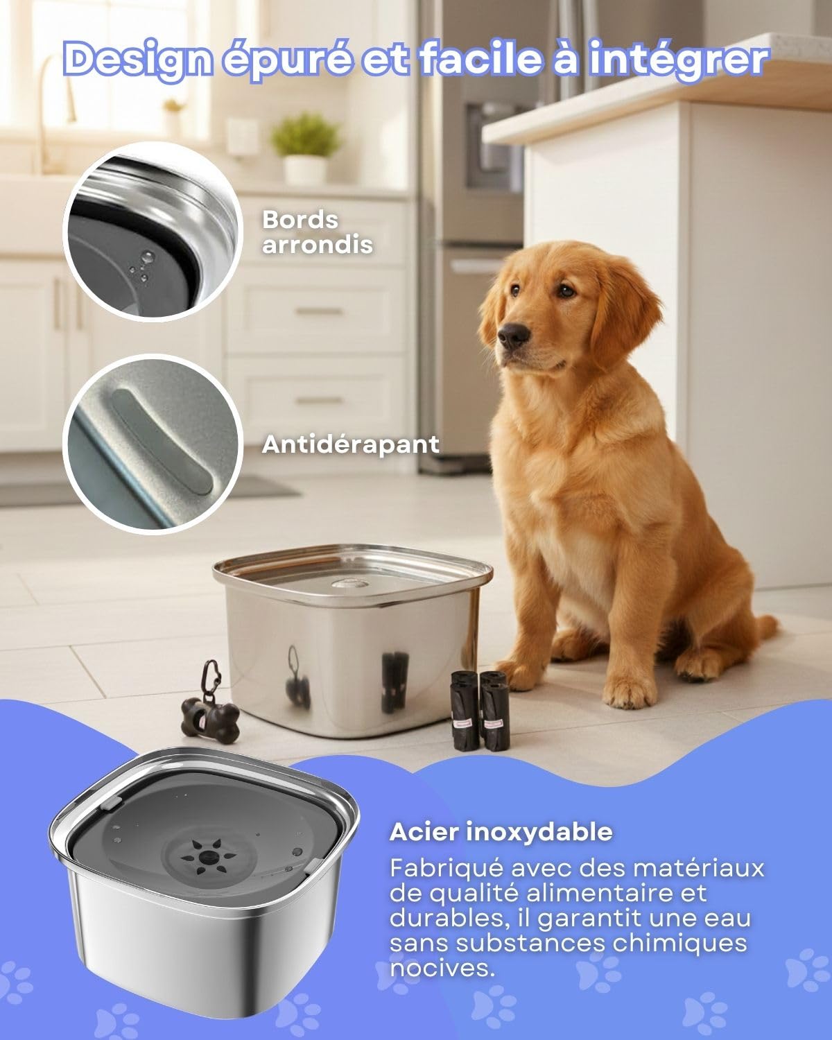 Gamelle pour Chien - Capacité 3L - Bol Anti Eclaboussure Débordement Renversement - - Gamelle Chien - Distributeur Sacs avec 4 Sacs Inclus