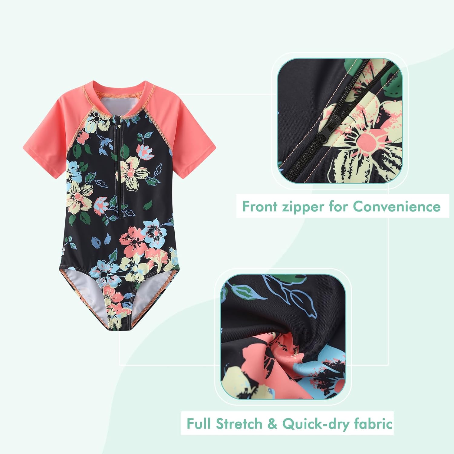 Girls One Piece Swimsuits Short Sleeve Rash Guard for Girl Hawaiian Bathing Suit with Sun Protection Beachwear - Image 3