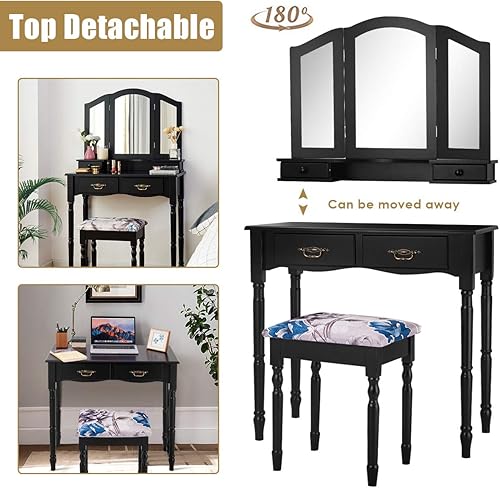 Miniatura 3 de LDAILY Juego de mesa de tocador con espejos plegables, tocador con taburete acolchado impreso y 4 cajones, escritorio moderno de maquillaje para el