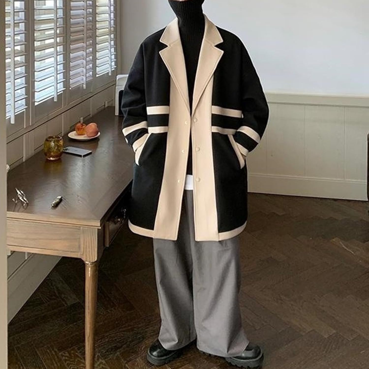 Men's Suit Collar Woolen Blend Coat Trendy Mid Length Wool Overcoat Lapel Single Breasted Contrasting Windbreaker