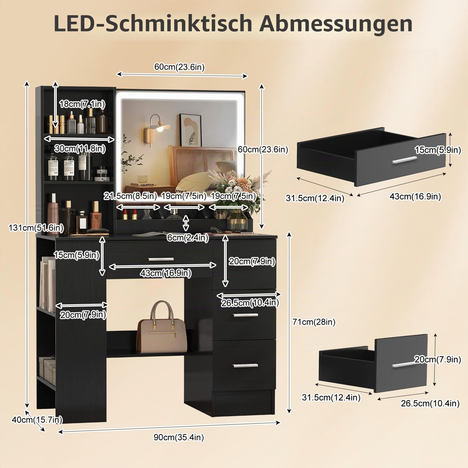 Schminktisch mit Beleuchtung Schwarz, Kosmetiktisch mit LED Spiegel und Licht und Stauraum, Frisiertisch mit 4 Schubladen, 2-stöckiger Beistellschrank Als Nachttisch, 90 cm Make Up Tish