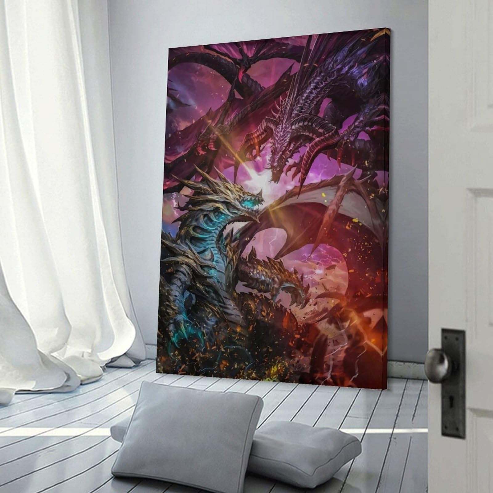 Junmoney Frame-Style-3 Hanging Wall Art Dragon Battle Fantasy Artwork, 16X24inch(40X60cm), For Gallery Wall Layouts In Home Or Office, An Easy Match For Collected Prints