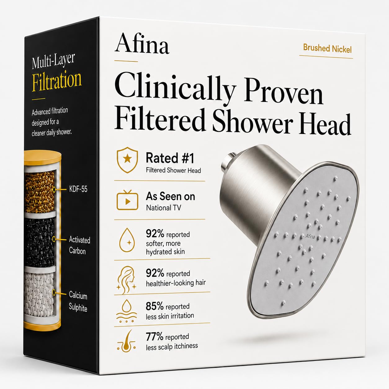 Afina A-01 Advanced High Pressure Filtered Shower Head - Reduces Dry Juchy Skin, Dandruff, Ekzeme and Dramatically Improves The Condition of Your Skin, Hair and Nails (Nickel) | KDF-55 Duschfilter & Wasserfilter Duschkopf für hartes Wasser, reduziert Chlo
