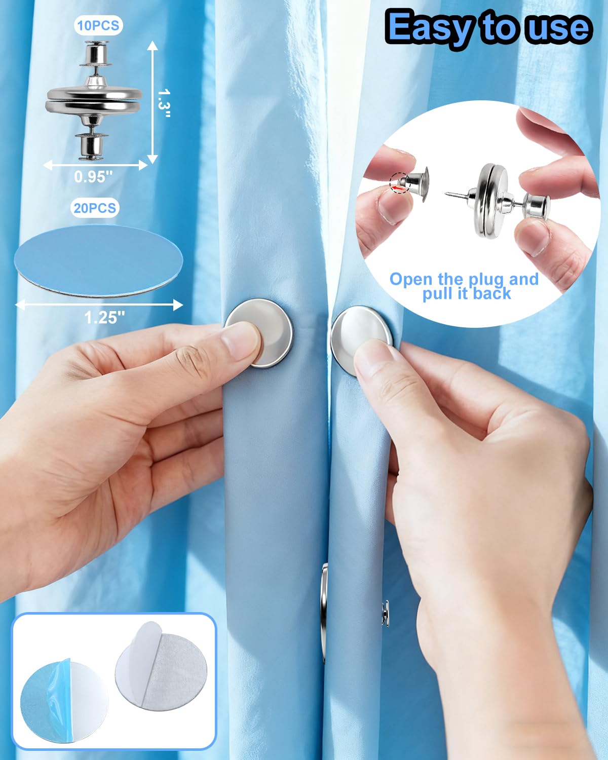 Curtain Magnets Closure, 10 Pairs Magnetic Curtain Clips with 10 Pairs Self-Adhesive Patch, Strong Curtain Magnets to Keep Curtain Closed for Bedroom Curtains, Shower Liners, Office Draperies 3