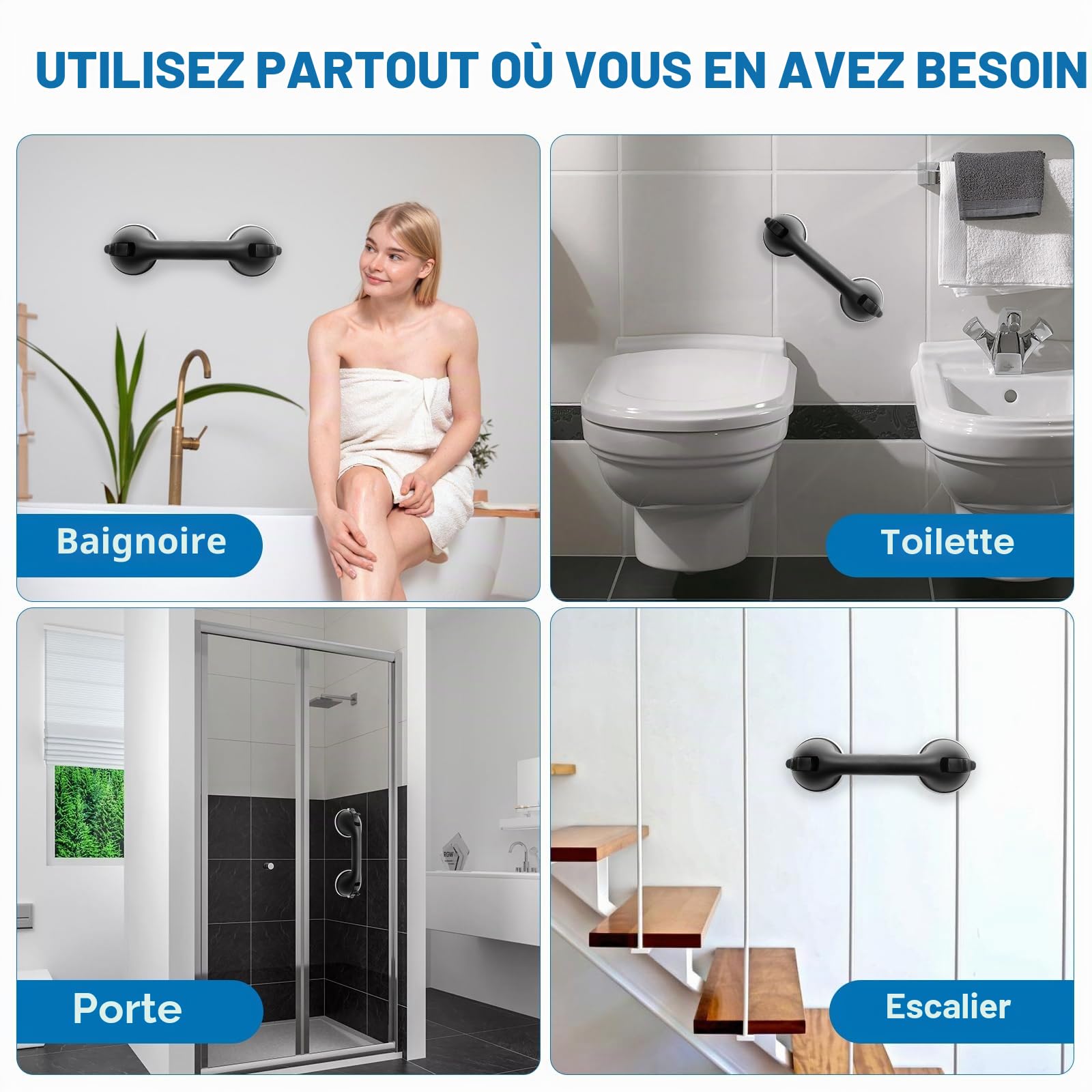 Poignée Ventouse, Poignée de Douche Sans Percage 2 Pcs | Barre D'appui Ventouse,Capacité Portante 100kg Barre D'appui Douche pour Personnes Âgées,Handicapés,Enfants