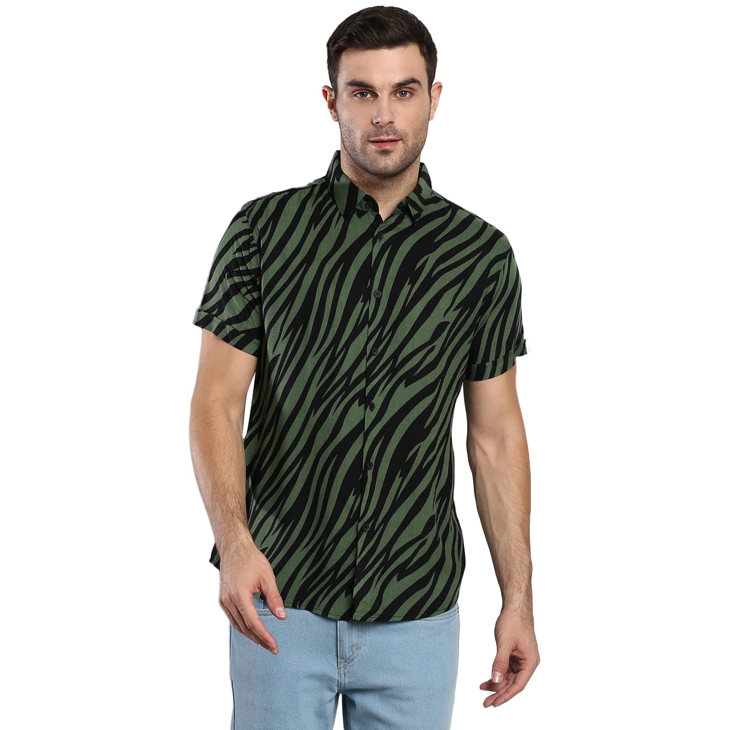 Dennis Lingo Men's Animal Print Slim Fit Rayon Casual Shirt with Spread Collar & Half Sleeves