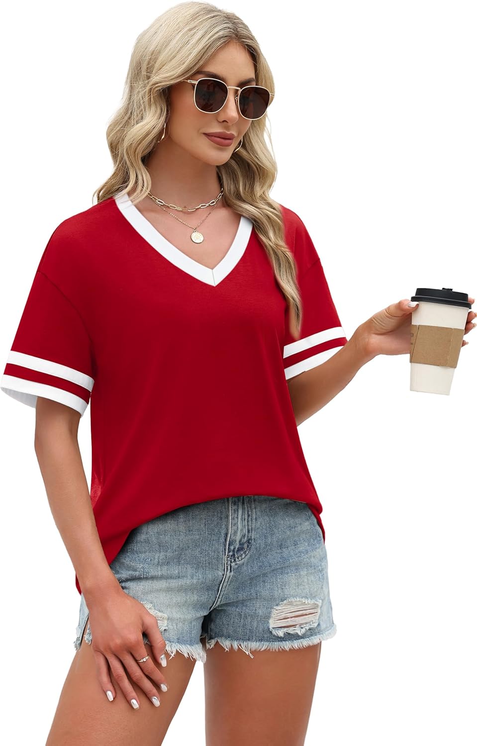 WIHOLL Womens T Shirts Loose Fit Short Sleeve Tees V Neck Color Block Summer Tops 2026 Fashion S-3XL - Image 4