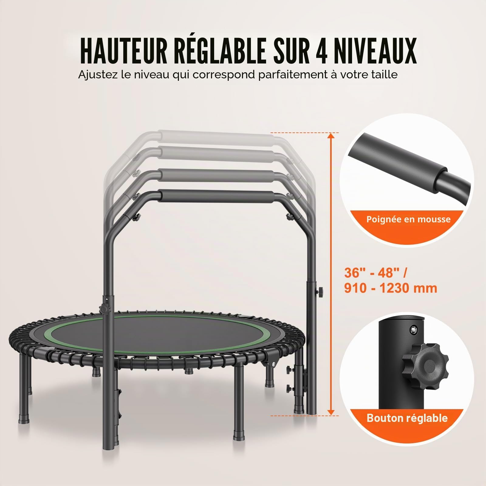 VEVOR Mini Trampoline Pliable, 1290 mm, Fitness rebounder, Charge Max. 205 kg, Stable et Silencieux avec poignée en Mousse réglable en Hauteur à 4 Niveaux, pour entraînement intérieur/Jardin Adultes