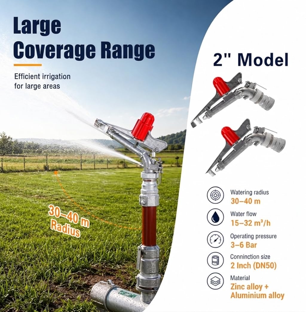 Landwirtschaft Bewässerung Sprinkler, 2" mit 30-40m Reichweite, Schwerlast Schwinghebelregner aus Legierung, Verstellbarer Sprinklerkopf für Staubbindung, Baustelle & Industrie, Starker Wasserstrahl