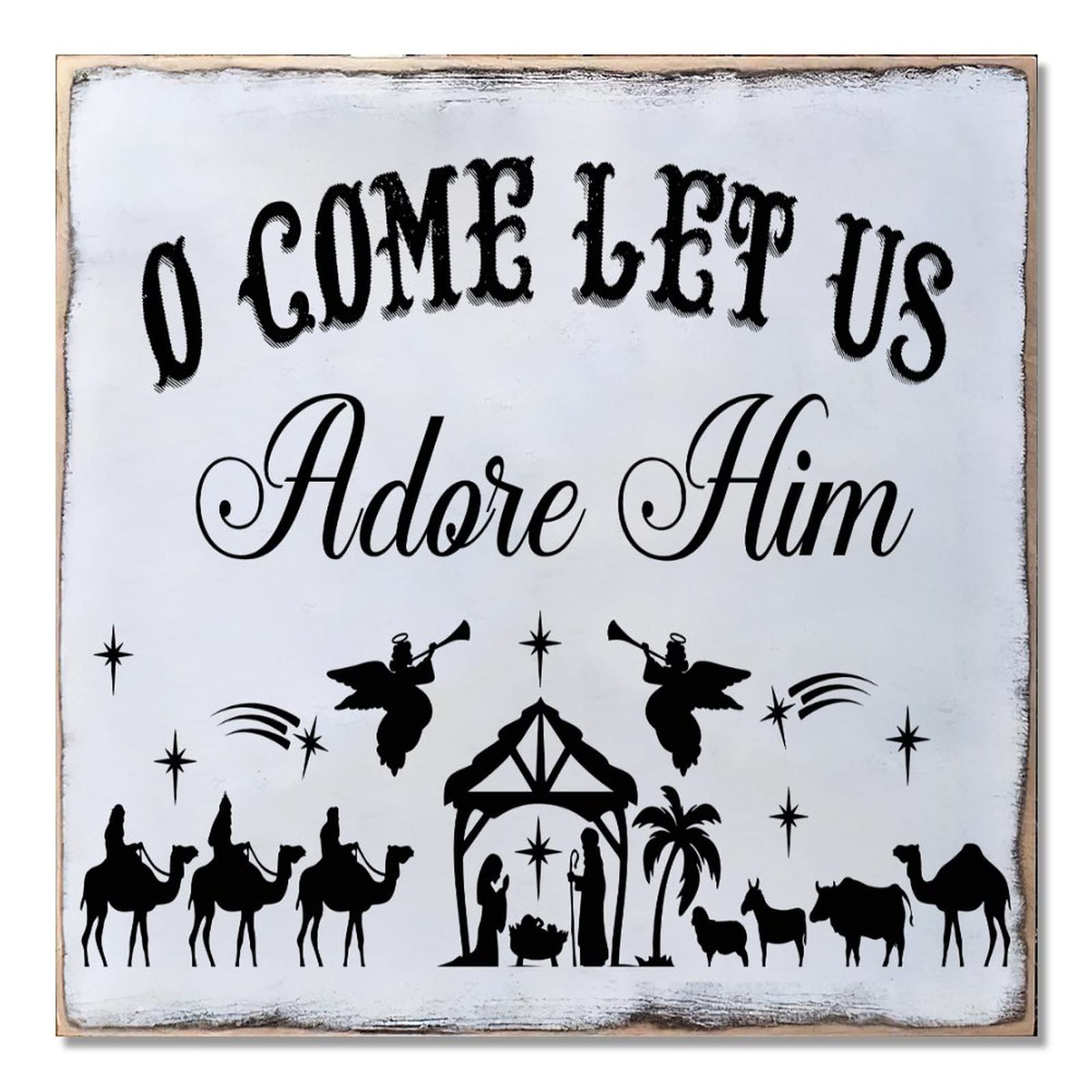 Décoration de Noël pour porche : panneau en bois rustique O Come Let Us Adore Him de 40 cm