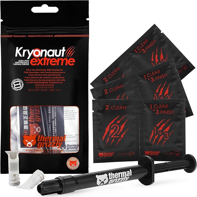 Thermal Grizzly Kryonaut Extreme - 2 Gram - Extremely High Performance Thermal Paste with 12 Cleaning Wipes 6 Wet & 6 Dry- for Maximum Thermal Conductivity While Overclocking CPU/GPU/PS4/PS5/Xbox